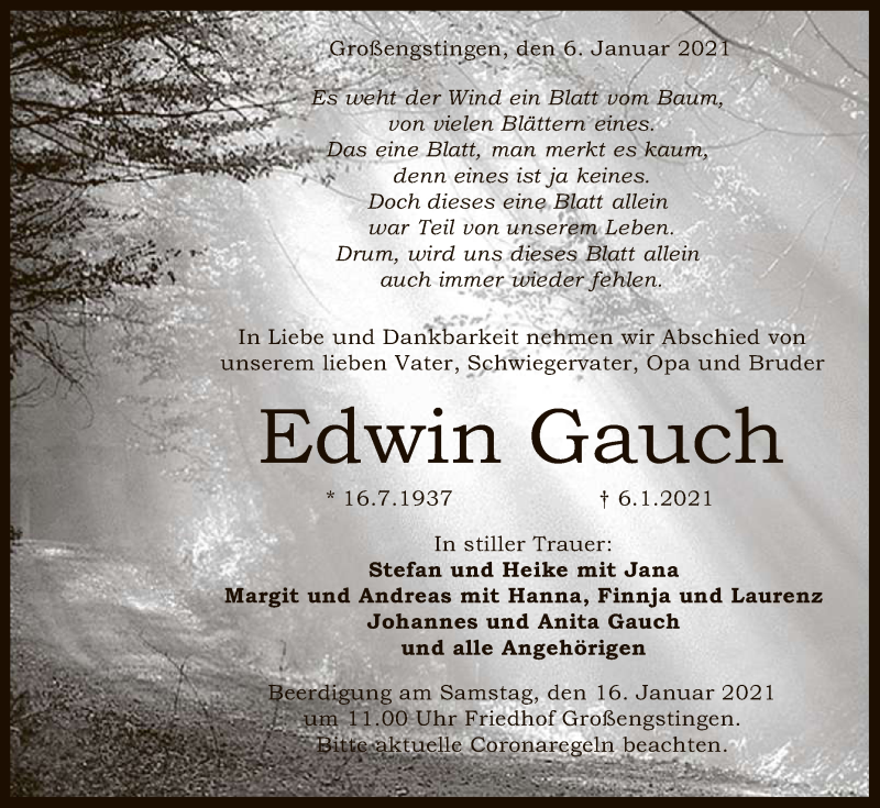  Traueranzeige für Edwin Gauch vom 14.01.2021 aus Reutlinger General-Anzeiger