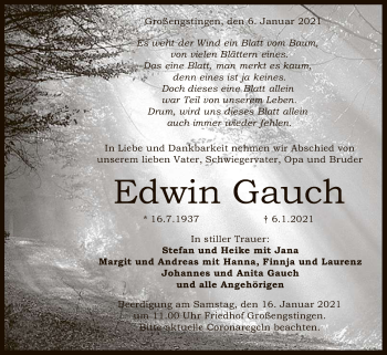 Anzeige von Edwin Gauch von Reutlinger General-Anzeiger