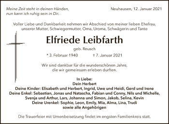 Anzeige von Elfriede Leibfarth von Reutlinger General-Anzeiger
