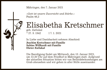 Anzeige von Elisabetha Kretschmer von Reutlinger General-Anzeiger