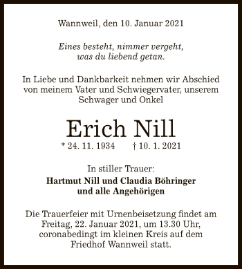 Anzeige von Erich Nill von Reutlinger General-Anzeiger