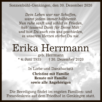 Anzeige von Erika Herrmann von Reutlinger General-Anzeiger