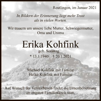 Anzeige von Erika Kohfink von Reutlinger General-Anzeiger