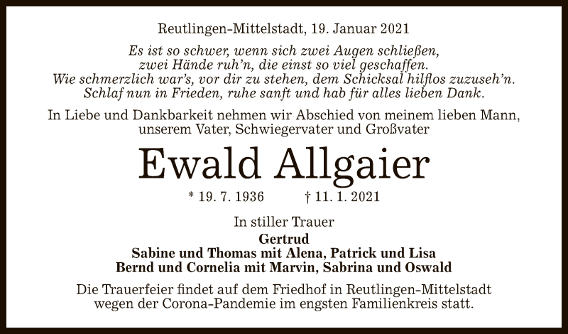  Traueranzeige für Ewald Allgaier vom 19.01.2021 aus Reutlinger General-Anzeiger
