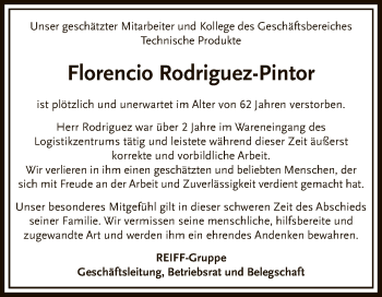 Anzeige von Florencio Rodriguez-Pintor von Reutlinger General-Anzeiger