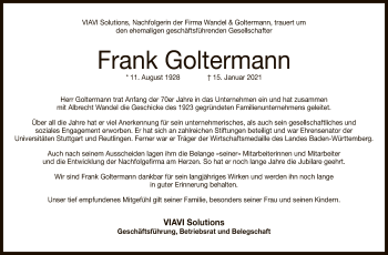 Anzeige von Frank Goltermann von Reutlinger General-Anzeiger