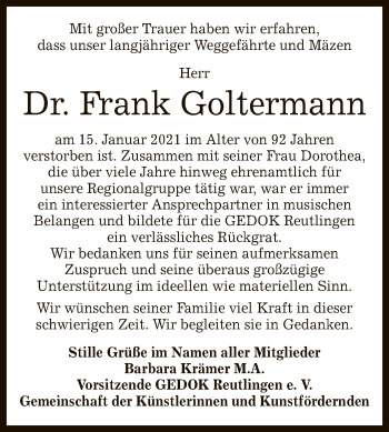 Anzeige von Frank Goltermann von Reutlinger General-Anzeiger