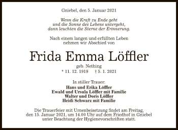 Anzeige von Frida Emma Löffler von Reutlinger General-Anzeiger