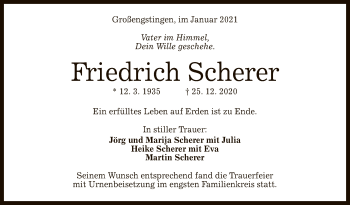 Anzeige von Friedrich Scherer von Reutlinger General-Anzeiger