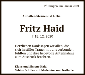 Anzeige von Fritz Haid von Reutlinger General-Anzeiger