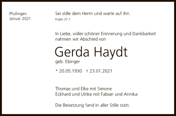 Anzeige von Gerda Haydt von Reutlinger General-Anzeiger