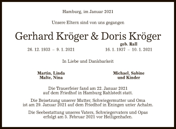 Anzeige von Gerhard und Doris Kröger von Reutlinger General-Anzeiger