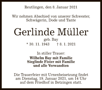 Anzeige von Gerlinde Müller von Reutlinger General-Anzeiger