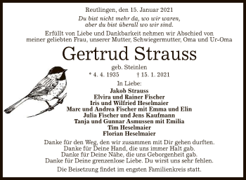 Anzeige von Gertrud Strauss von Reutlinger General-Anzeiger