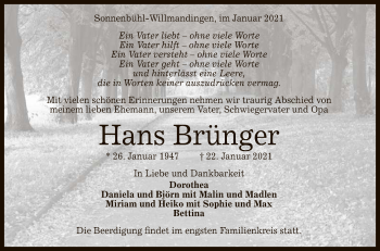 Anzeige von Hans Brünger von Reutlinger General-Anzeiger