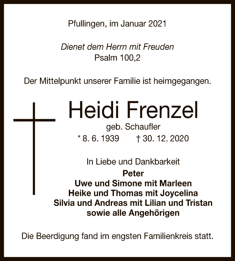  Traueranzeige für Heidi Frenzel vom 09.01.2021 aus Reutlinger General-Anzeiger