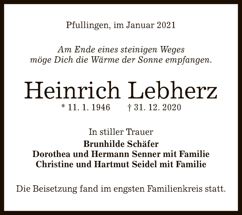  Traueranzeige für Heinrich Lebherz vom 16.01.2021 aus Reutlinger General-Anzeiger