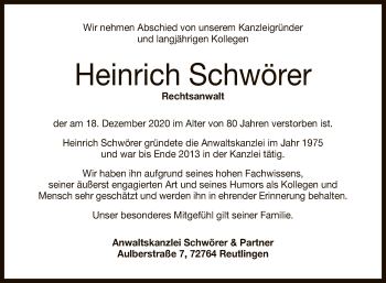 Anzeige von Heinrich Schwörer von Reutlinger General-Anzeiger