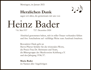 Anzeige von Heinz Bader von Reutlinger General-Anzeiger