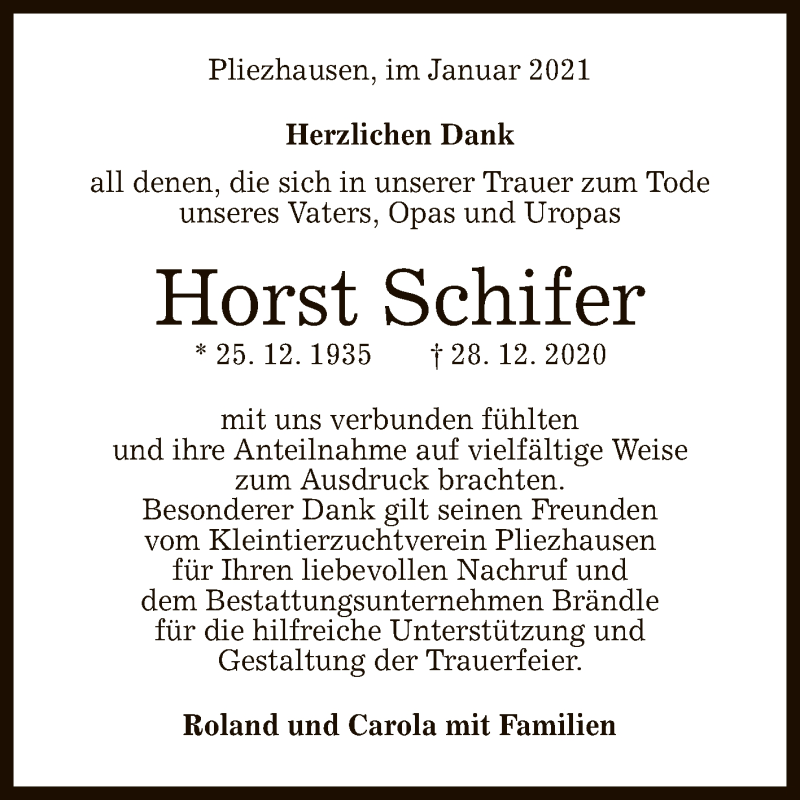  Traueranzeige für Horst Schifer vom 23.01.2021 aus Reutlinger General-Anzeiger