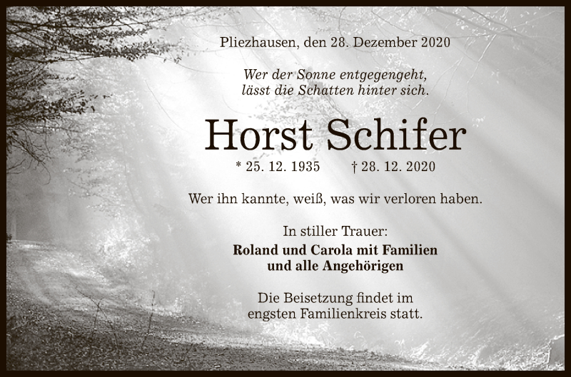  Traueranzeige für Horst Schifer vom 02.01.2021 aus Reutlinger General-Anzeiger