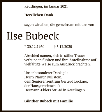 Anzeige von Ilse Bubeck von Reutlinger General-Anzeiger