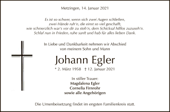 Anzeige von Johann Egler von Reutlinger General-Anzeiger