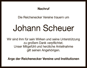 Anzeige von Johann Scheuer von Reutlinger General-Anzeiger