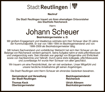 Anzeige von Johann Scheuer von Reutlinger General-Anzeiger