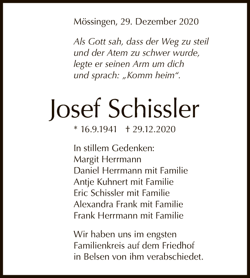  Traueranzeige für Josef Schissler vom 14.01.2021 aus Reutlinger General-Anzeiger