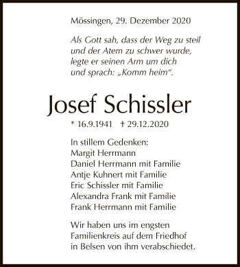 Anzeige von Josef Schissler von Reutlinger General-Anzeiger