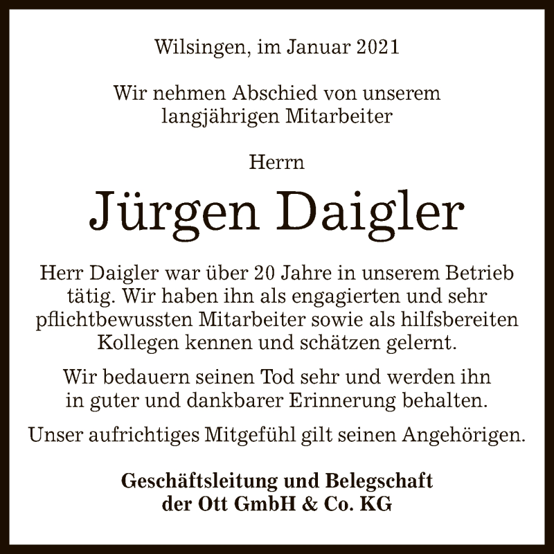  Traueranzeige für Jürgen Daigler vom 23.01.2021 aus Reutlinger General-Anzeiger