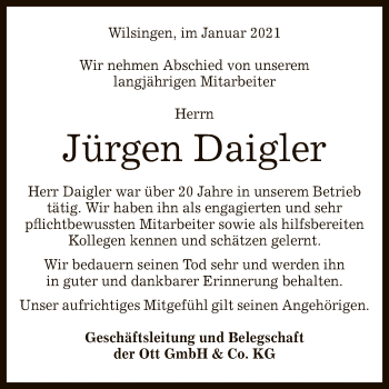 Anzeige von Jürgen Daigler von Reutlinger General-Anzeiger