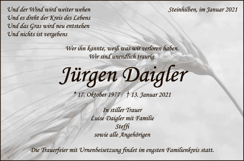  Traueranzeige für Jürgen Daigler vom 19.01.2021 aus Reutlinger General-Anzeiger