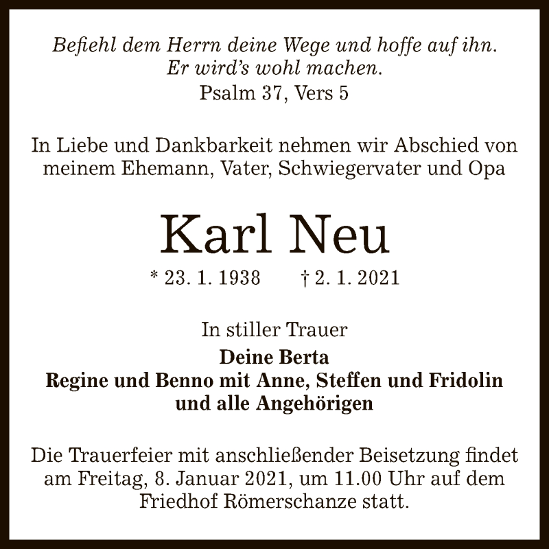  Traueranzeige für Karl Neu vom 05.01.2021 aus Reutlinger General-Anzeiger