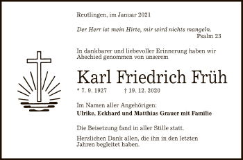Anzeige von Karl Friedrich Früh von Reutlinger General-Anzeiger