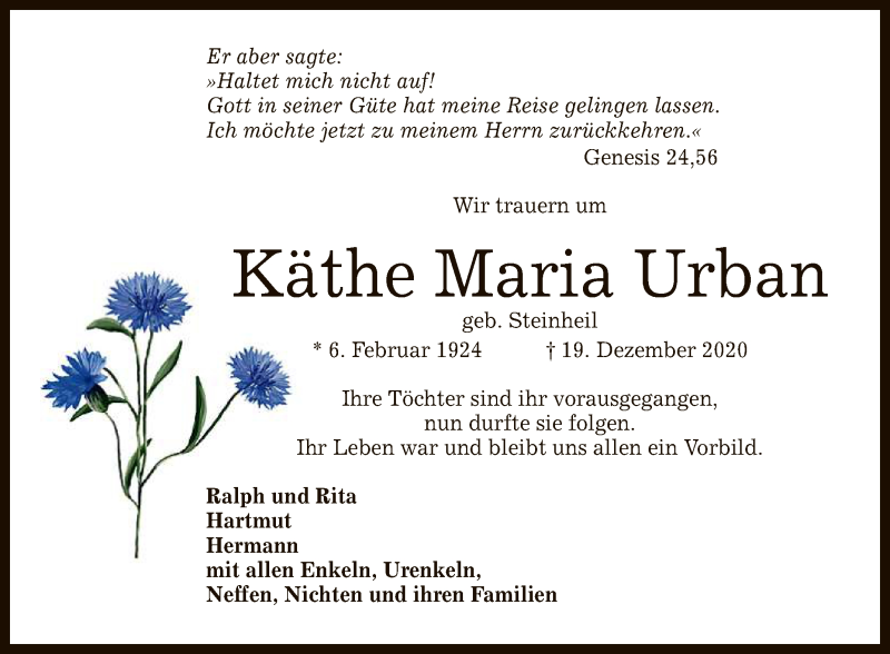  Traueranzeige für Käthe Maria Urban vom 16.01.2021 aus Reutlinger General-Anzeiger