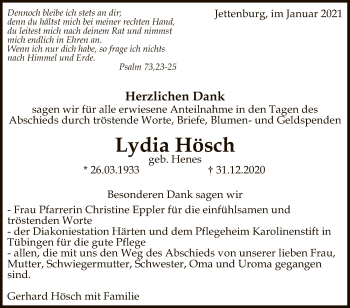 Anzeige von Lydia Hösch von Reutlinger General-Anzeiger