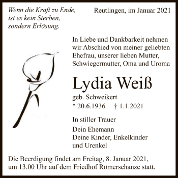 Anzeige von Lydia Weiß von Reutlinger General-Anzeiger