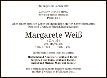 Anzeige von Margarete Weiß von Reutlinger General-Anzeiger