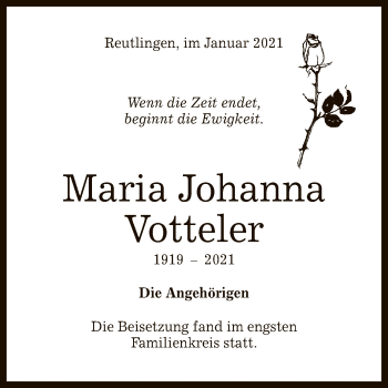 Anzeige von Maria Johanna Votteler von Reutlinger General-Anzeiger