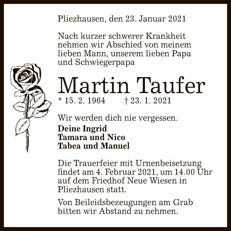  Traueranzeige für Martin Taufer vom 30.01.2021 aus Reutlinger General-Anzeiger