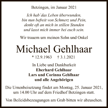 Anzeige von Michael Gehlhaar von Reutlinger General-Anzeiger