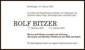 Anzeige von Rolf Bitzer von Reutlinger General-Anzeiger