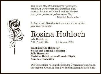 Anzeige von Rosina Hohloch von Reutlinger General-Anzeiger