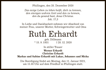 Anzeige von Ruth Erhardt von Reutlinger General-Anzeiger
