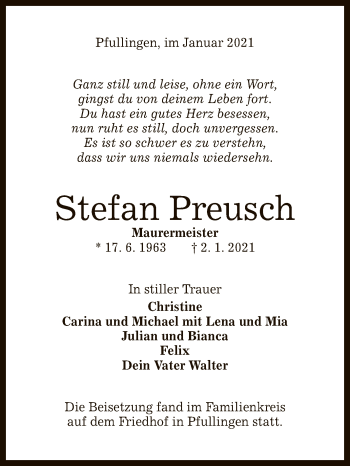 Anzeige von Stefan Preusch von Reutlinger General-Anzeiger