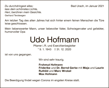 Anzeige von Udo Hofmann von Reutlinger General-Anzeiger