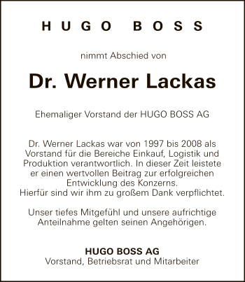 Anzeige von Werner Lackas von Reutlinger General-Anzeiger