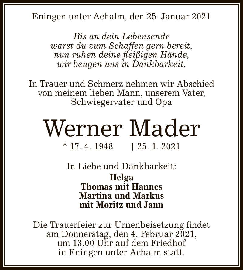  Traueranzeige für Werner Mader vom 30.01.2021 aus Reutlinger General-Anzeiger